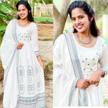 White premium rayon digital printed work party wear anarkali dress