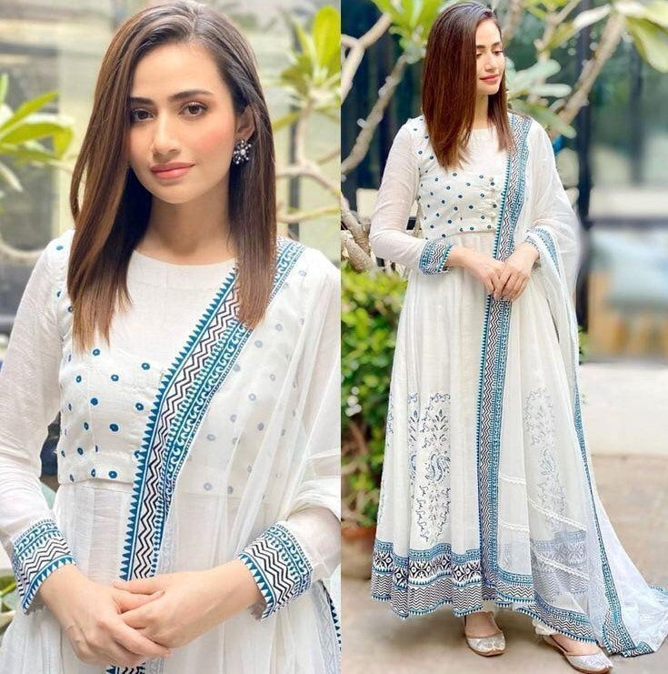 White premium rayon digital printed work party wear anarkali dress