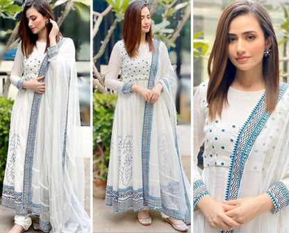 White premium rayon digital printed work party wear anarkali dress