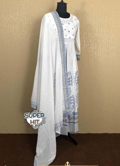 White premium rayon digital printed work party wear anarkali dress