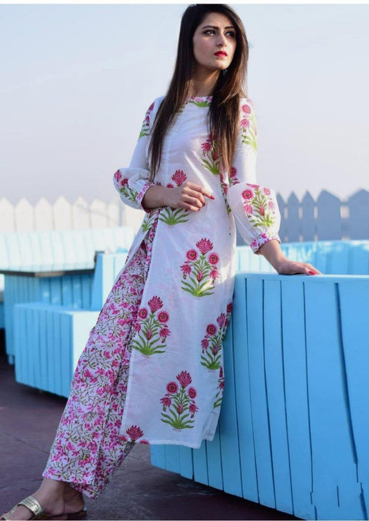 white printed chanderi cotton plazzo kurti