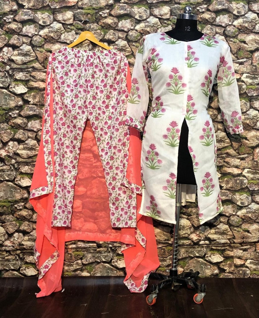 white printed chanderi cotton plazzo kurti