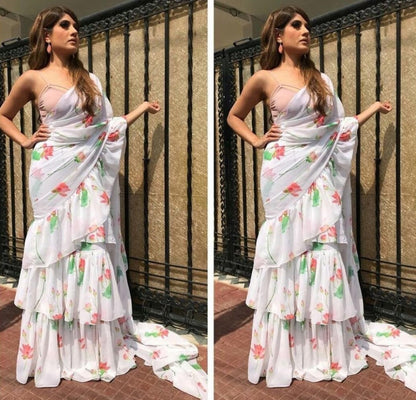 white printed georgette beautiful partywear saree