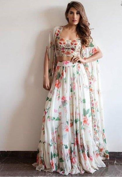 white printed georgette indowestern lehenga with shrug