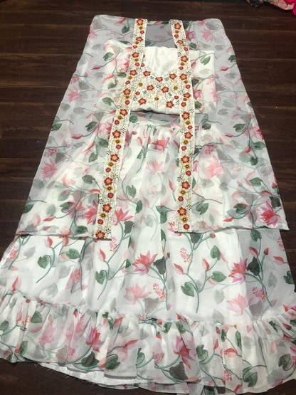 white printed georgette indowestern lehenga with shrug