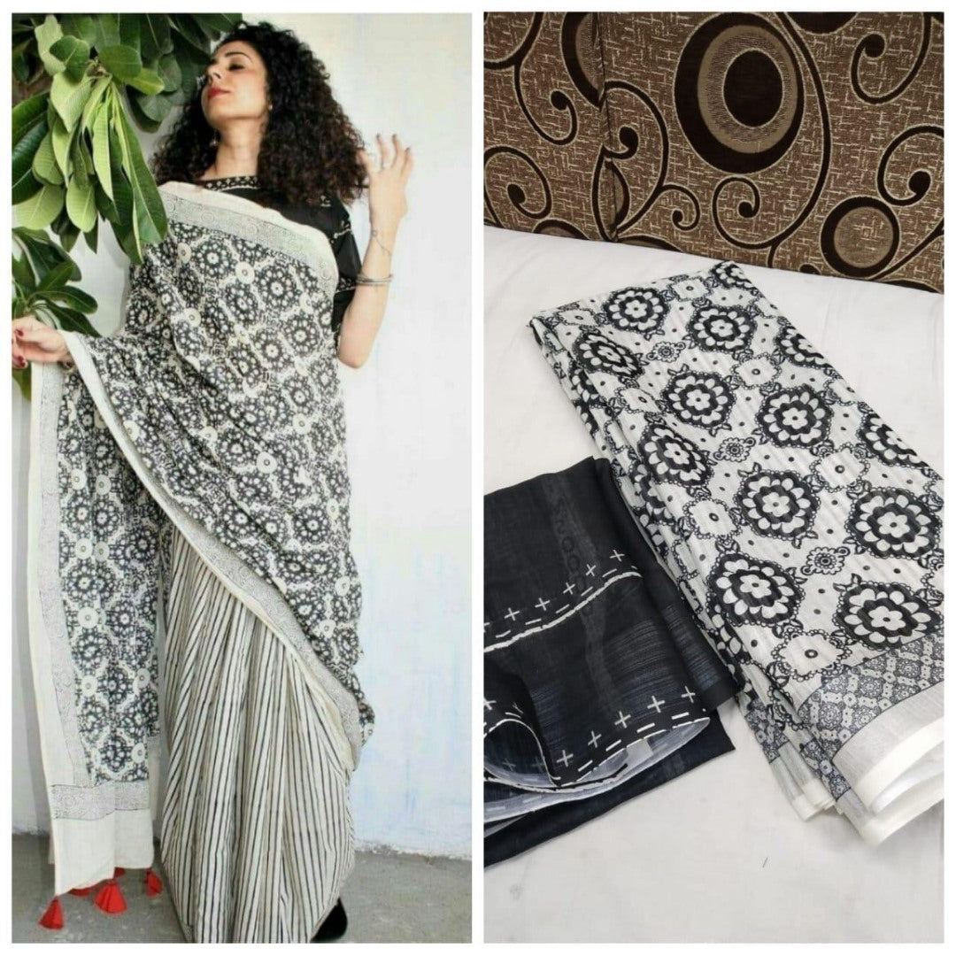 White printed linen saree