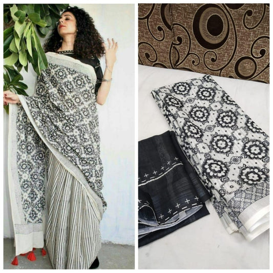 White printed linen saree