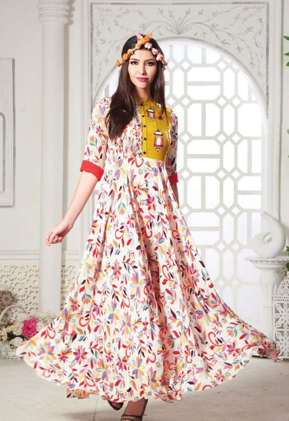 white printed maslin cotton long kurti