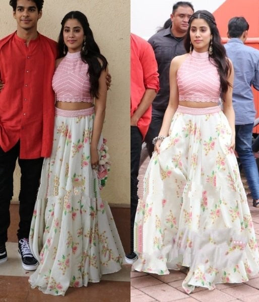 white printed silk bollywood style lehenga