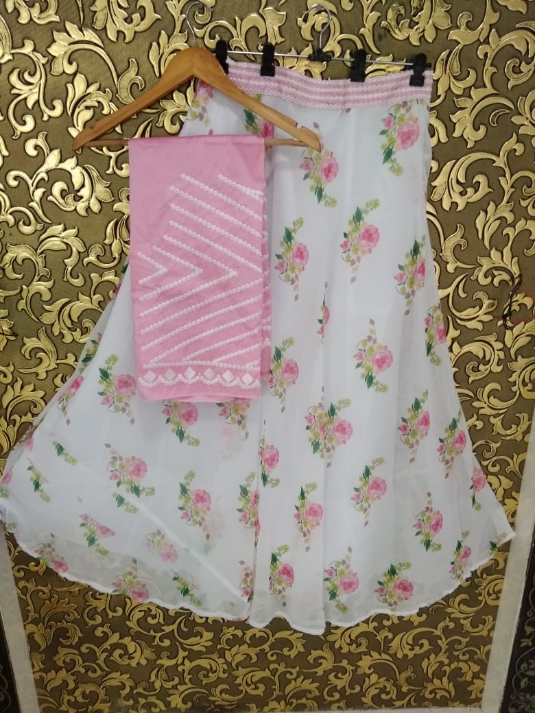 white printed silk bollywood style lehenga
