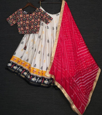 White pure cotton foil and digital printed party wear lehenga choli