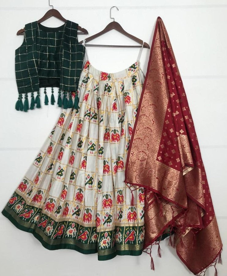 White pure cotton foil and printed work lehenga choli with banarasi dupatta