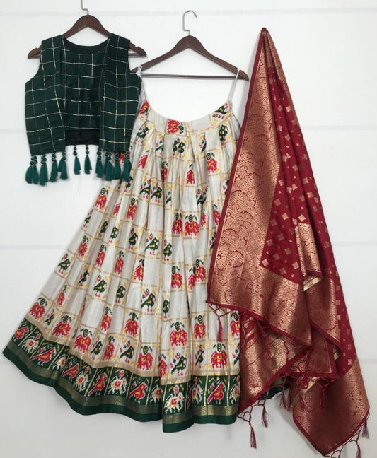 White pure cotton foil and printed work lehenga choli with banarasi dupatta