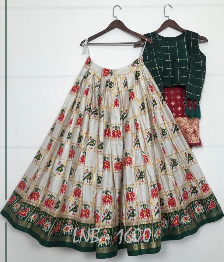 White pure cotton foil and printed work lehenga choli with banarasi dupatta