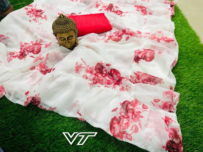 white pure georgette floral printed regular wear saree