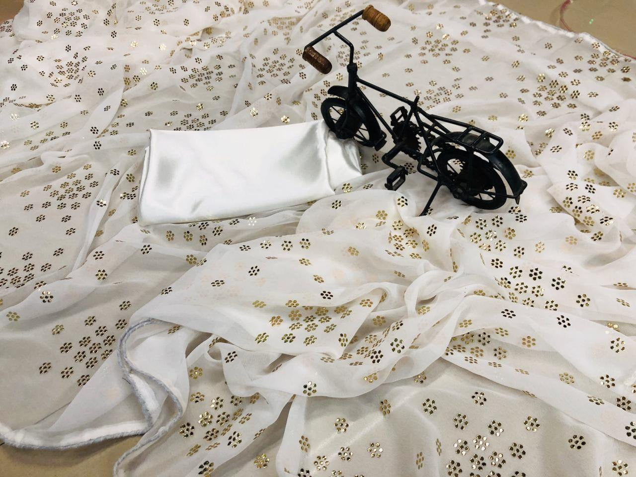 White pure georgette mukesh work designer saree