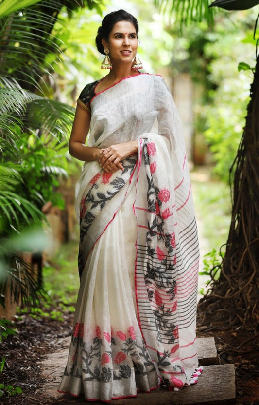 white pure linen satin patta printed saree
