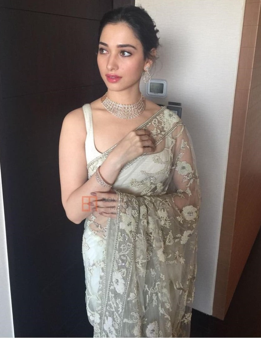 White pure net multi thread work designer saree