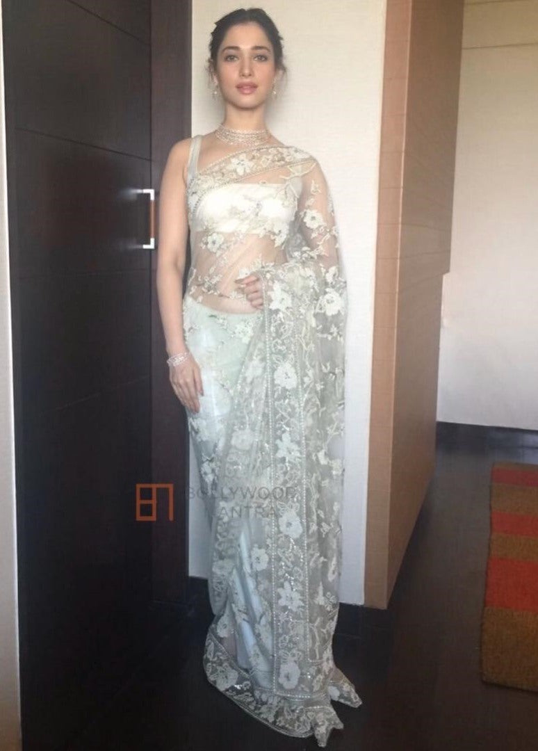 White pure net multi thread work designer saree