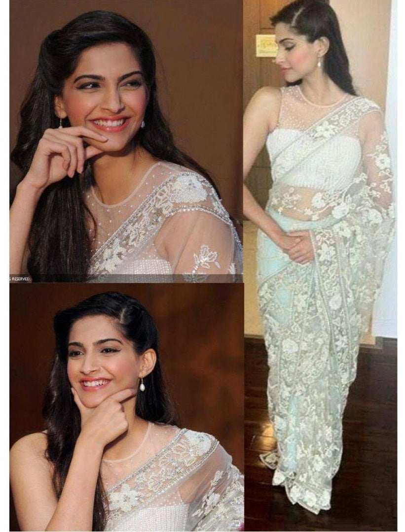 White pure net multi thread work designer saree