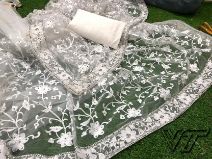 White pure net multi thread work designer saree