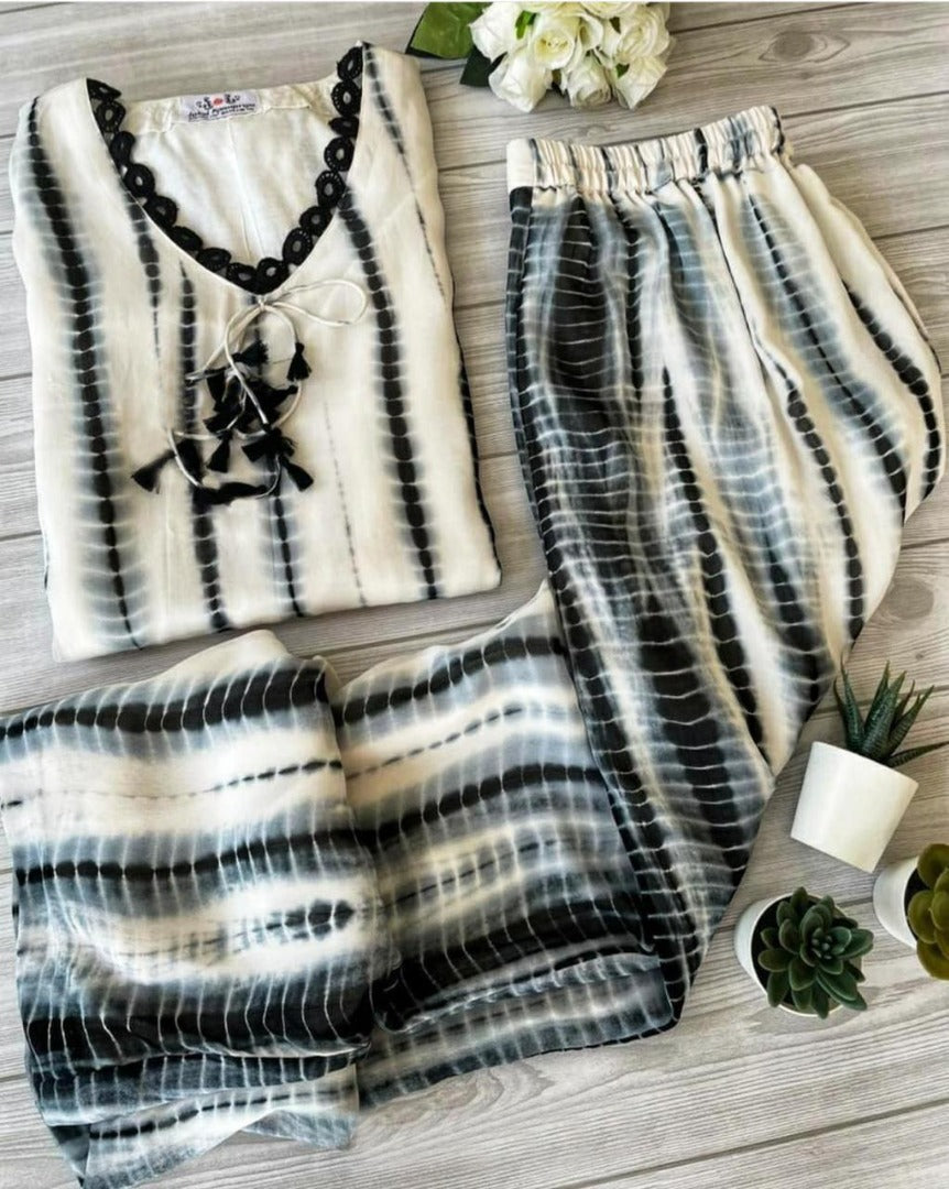 White rayon cotton digital printed top with plazo