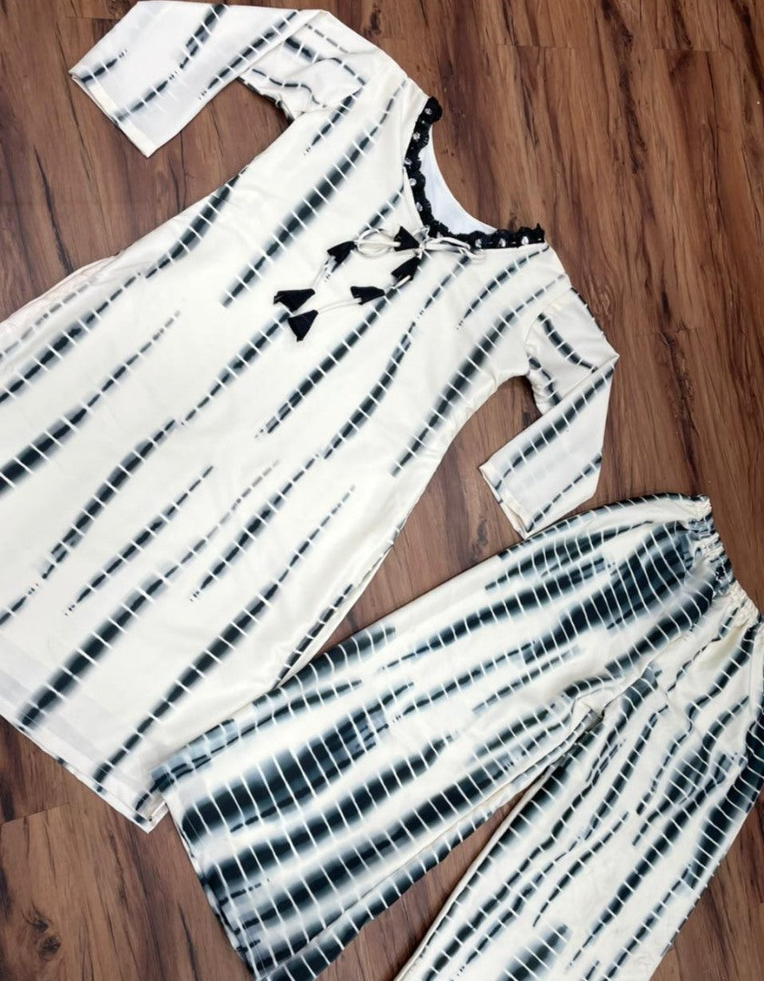 White rayon cotton digital printed top with plazo