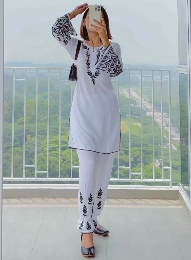 White rayon embroidery work pant suit