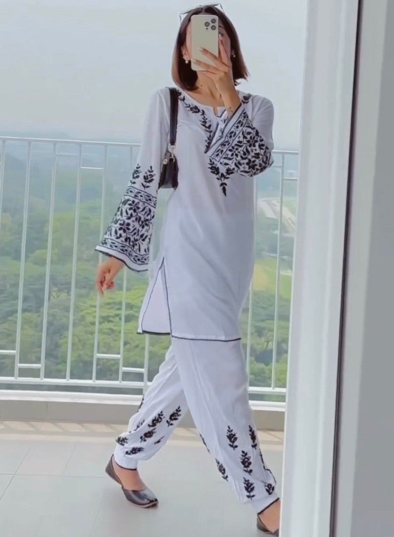 White rayon embroidery work pant suit