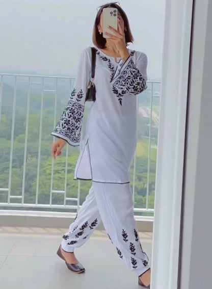 White rayon embroidery work pant suit