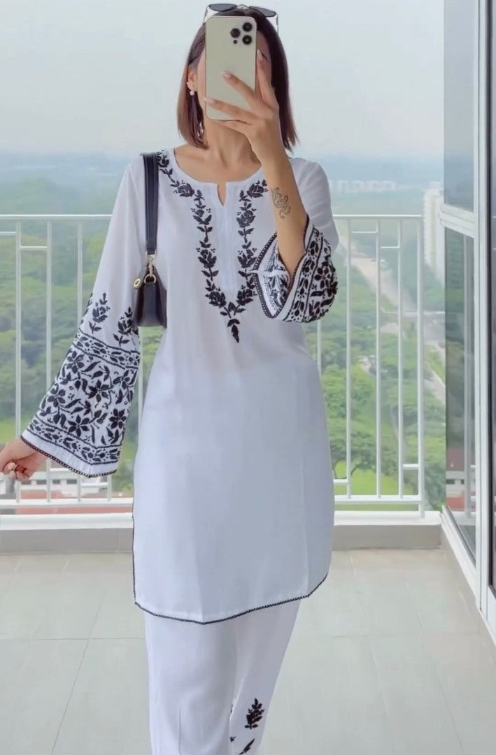 White rayon embroidery work pant suit