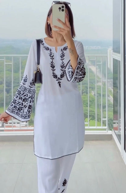 White rayon embroidery work pant suit