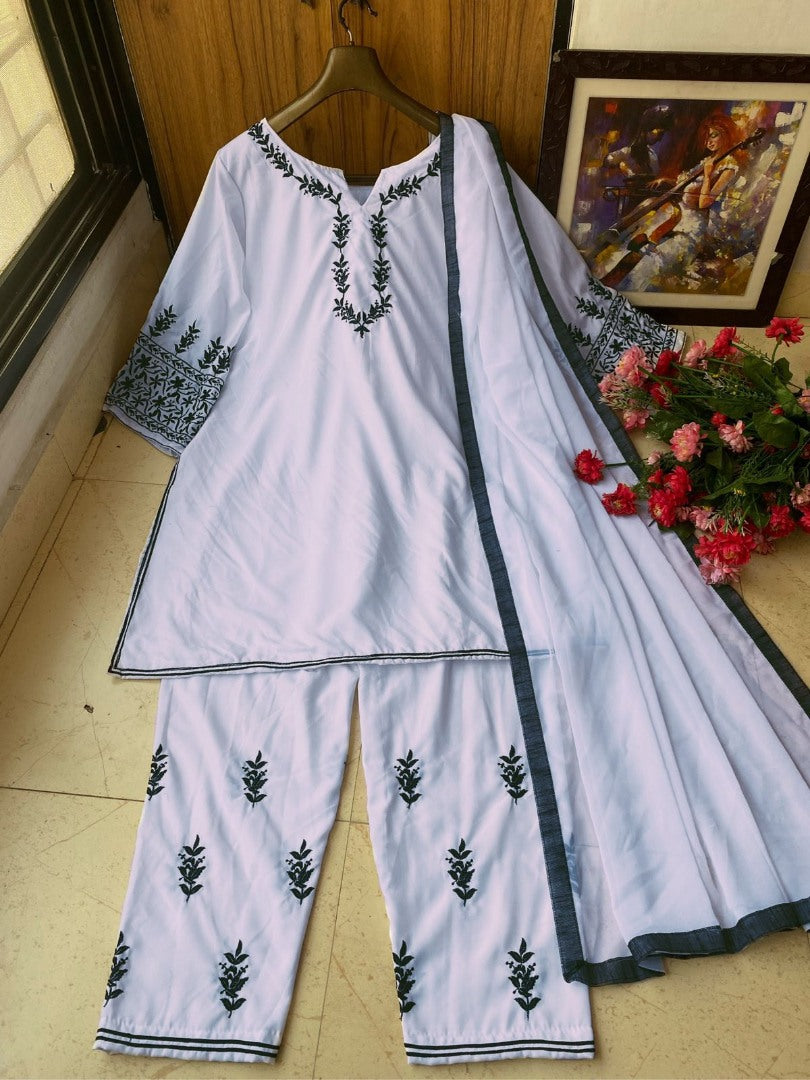 White rayon embroidery work pant suit