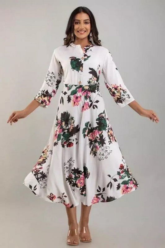 White rayon floral printed gown kurti