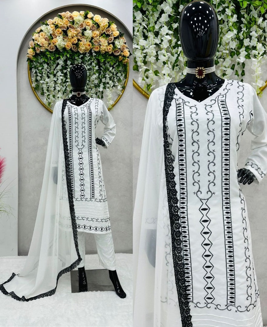 White rayon thread work pant salwar suit