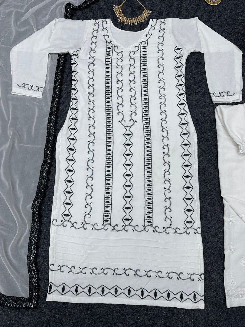 White rayon thread work pant salwar suit