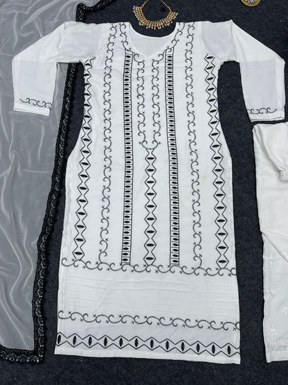 White rayon thread work pant salwar suit