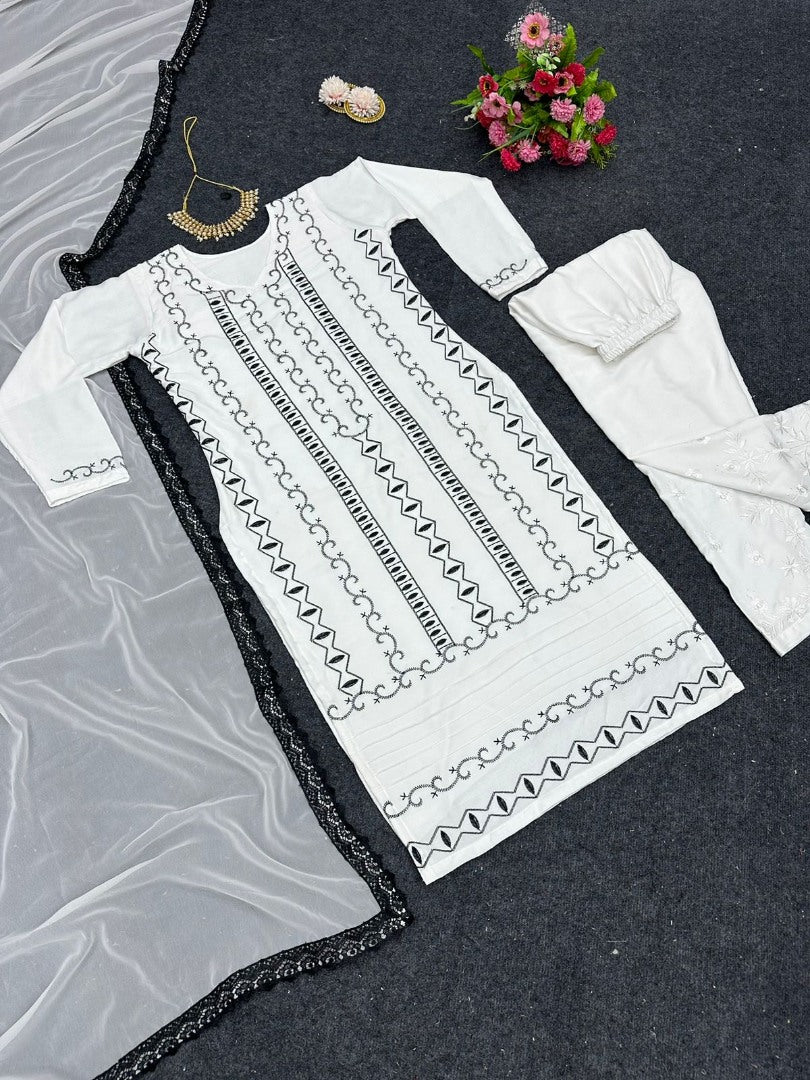 White rayon thread work pant salwar suit