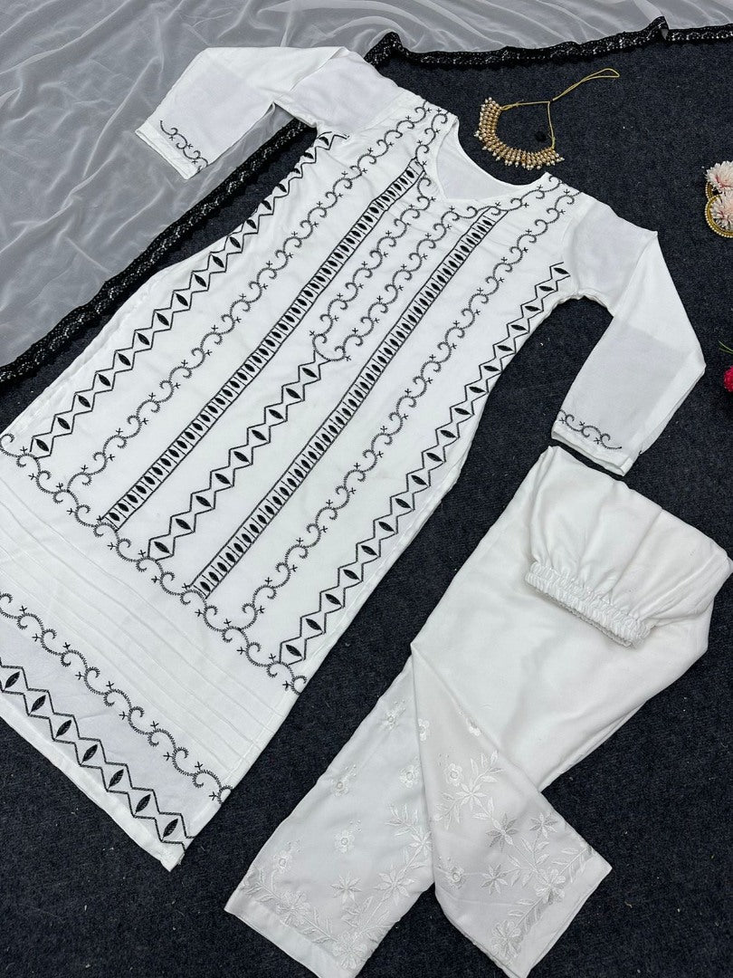 White rayon thread work pant salwar suit
