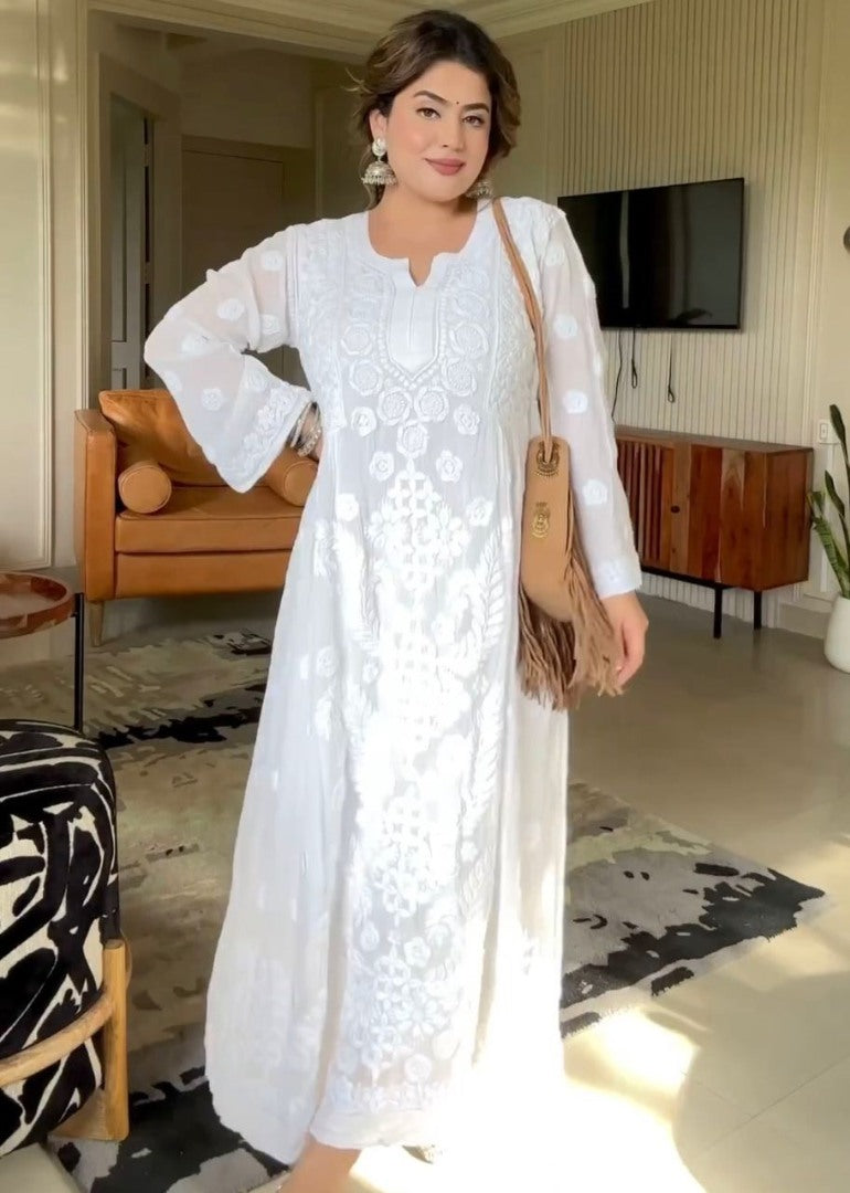 White rayon thread work rakhi special kurti