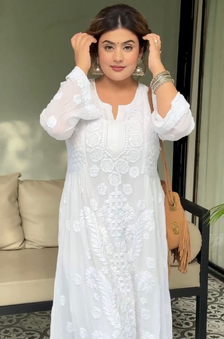 White rayon thread work rakhi special kurti