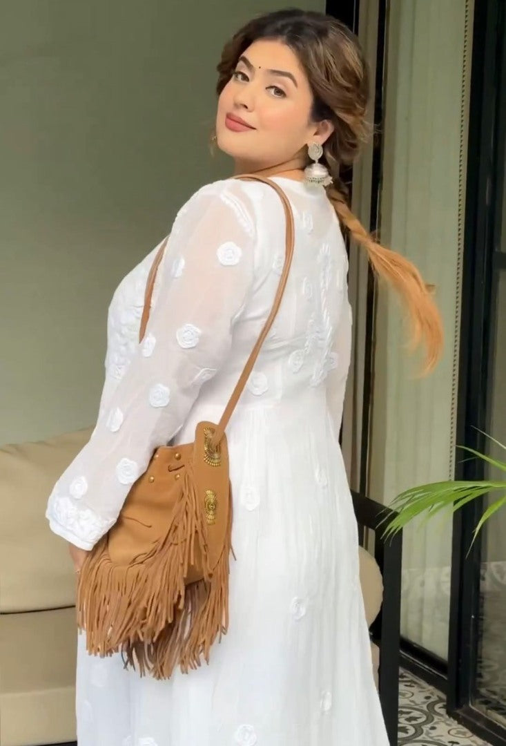 White rayon thread work rakhi special kurti