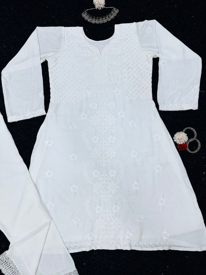 White rayon thread work rakhi special kurti