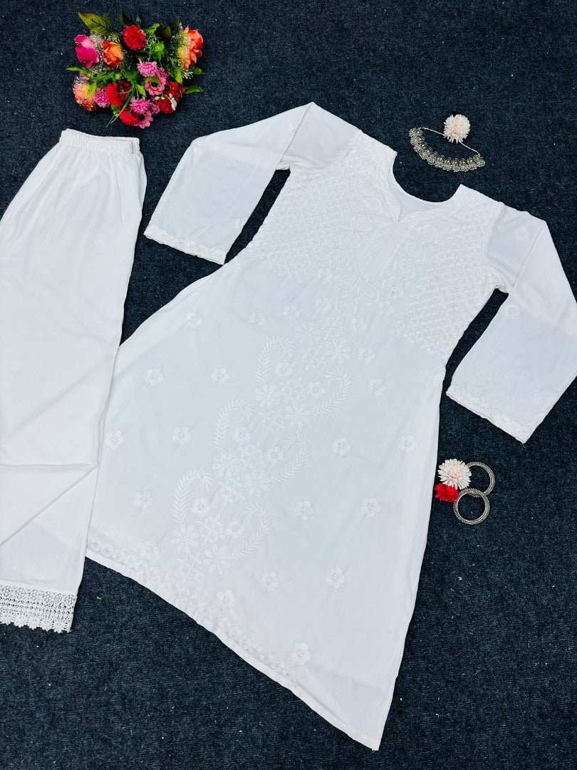 White rayon thread work rakhi special kurti
