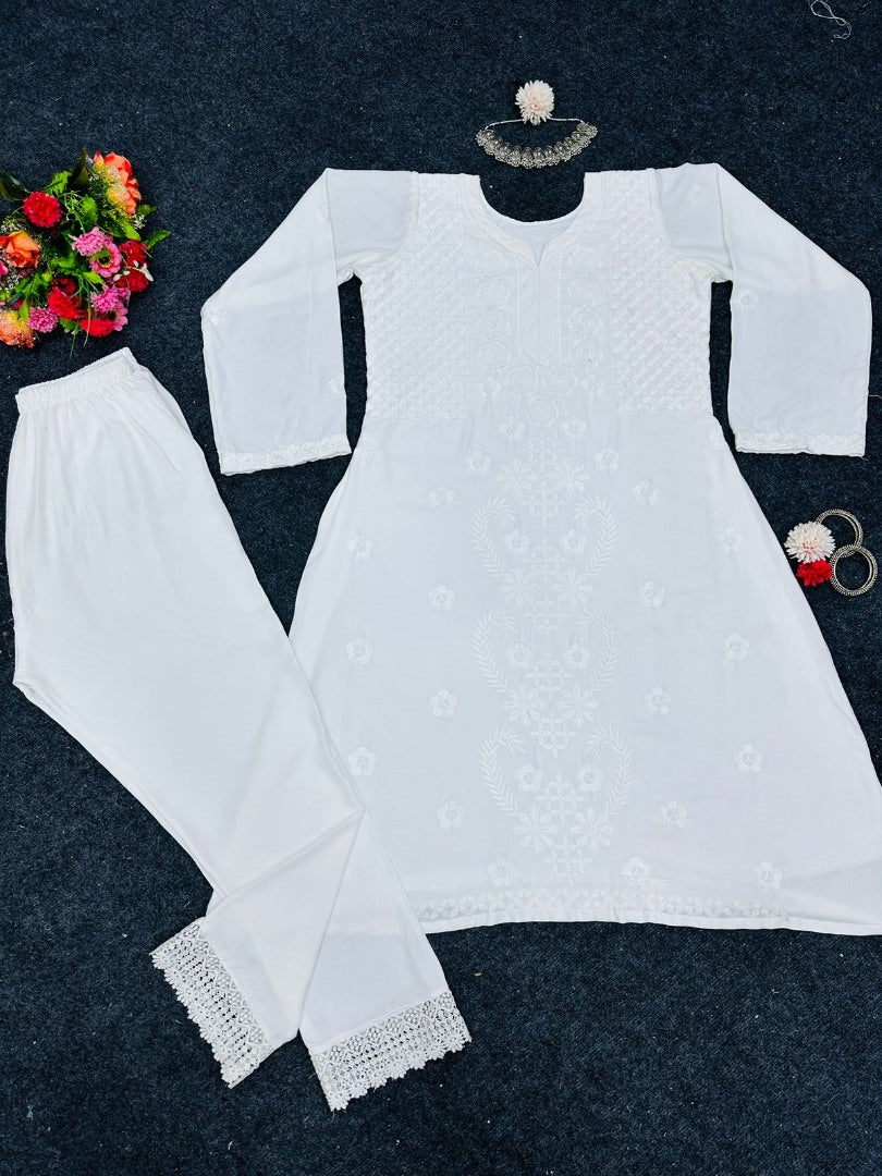 White rayon thread work rakhi special kurti