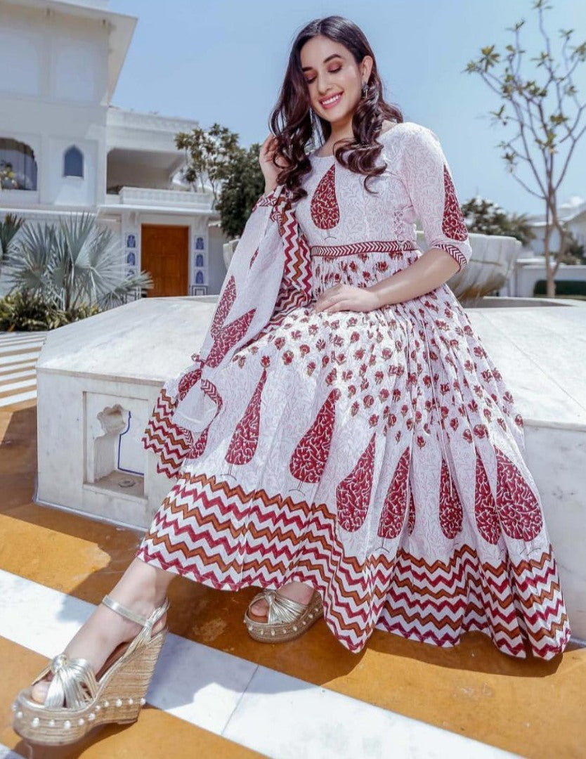 white reyon cotton printed anarkali plazzo kurti