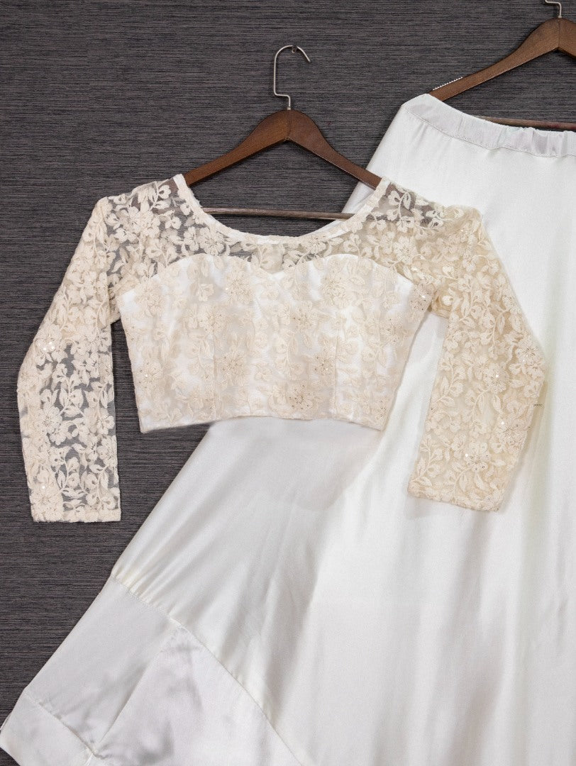 White satin crop top ceremonial lehenga