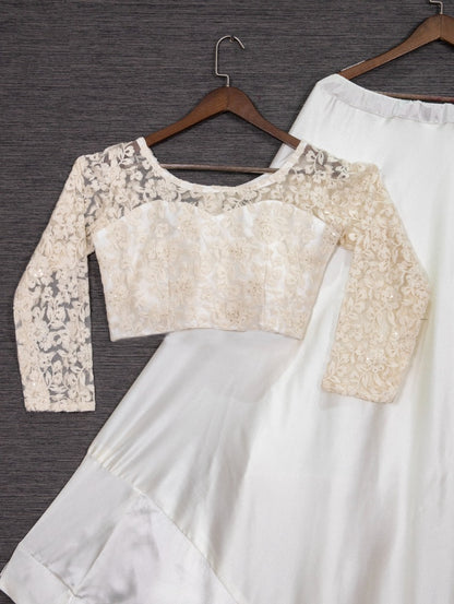 White satin crop top ceremonial lehenga