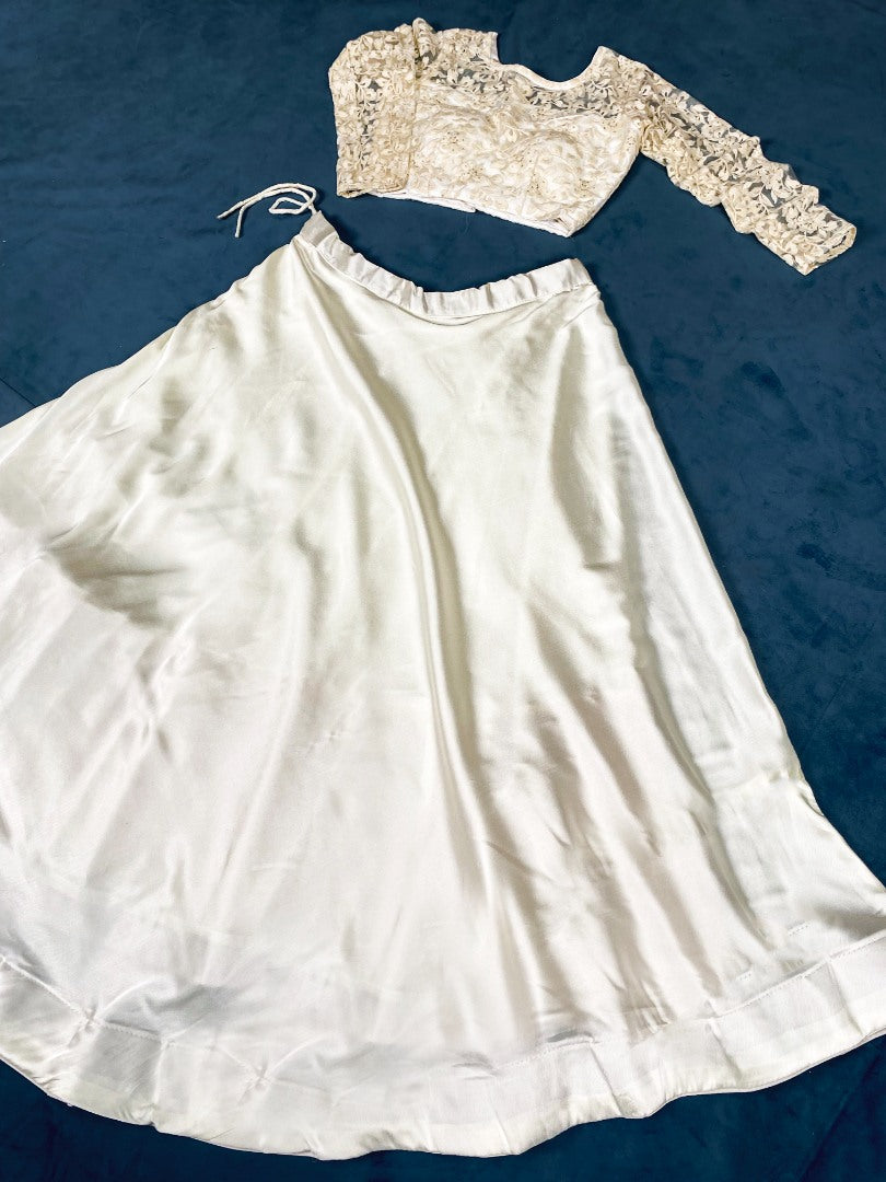 White satin crop top ceremonial lehenga
