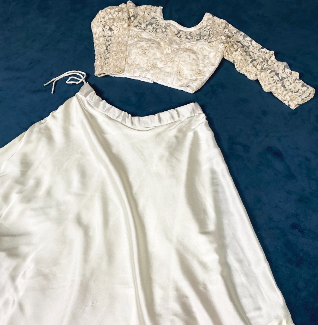 White satin crop top ceremonial lehenga